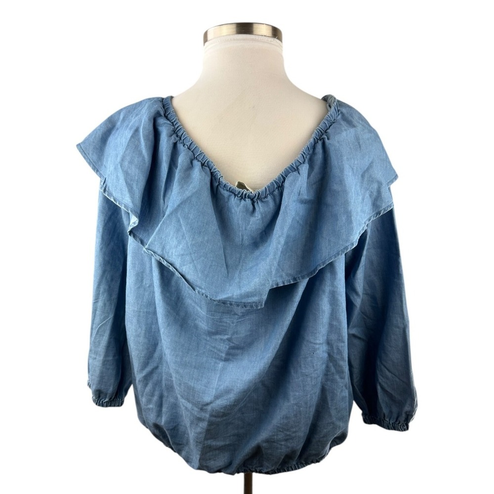 MICHAEL Michael Kors Off The Shoulder Blue Chambray Ruffle Top Plus Size 2X - Picture 11 of 12
